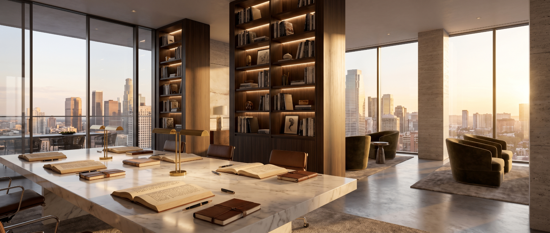Marble study table with open books overlooking the Los Angeles skyline at sunset