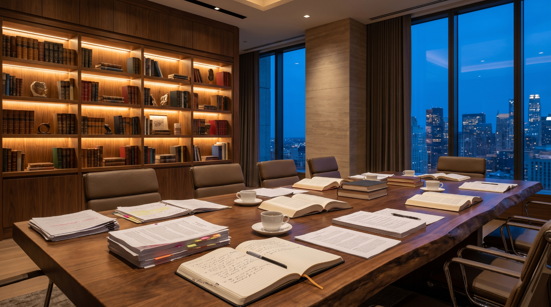 Walnut library boardroom at blue hour with city skyline beyond floor-to-ceiling windows