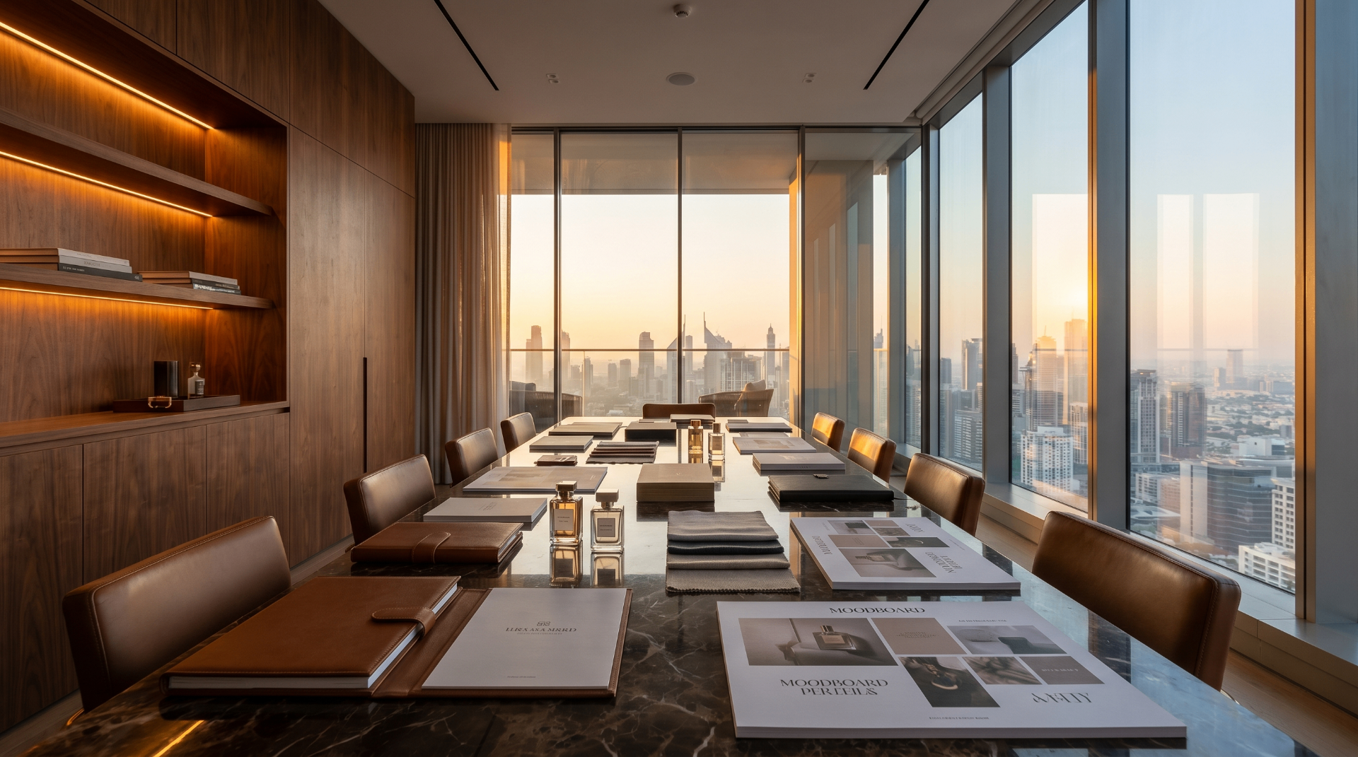 Walnut boardroom with mood boards and city skyline at dusk