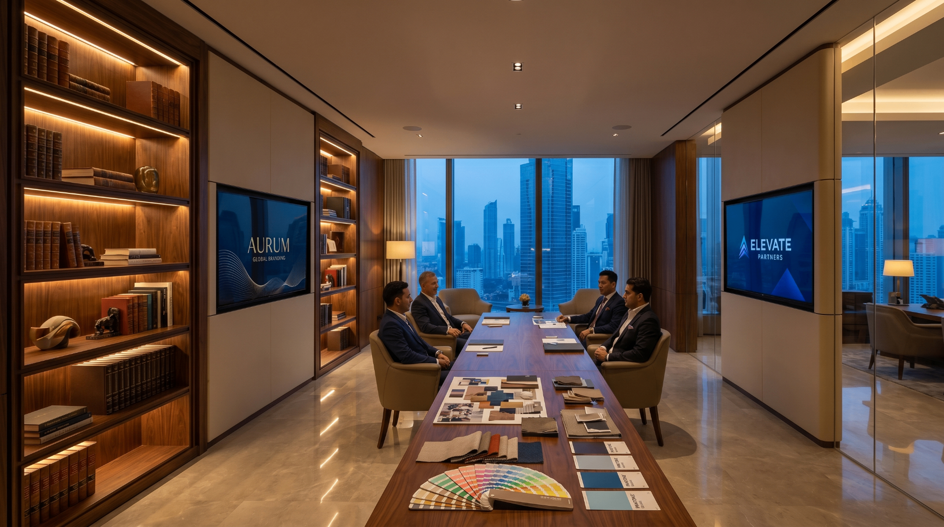 Brand strategy session with executives reviewing identity boards