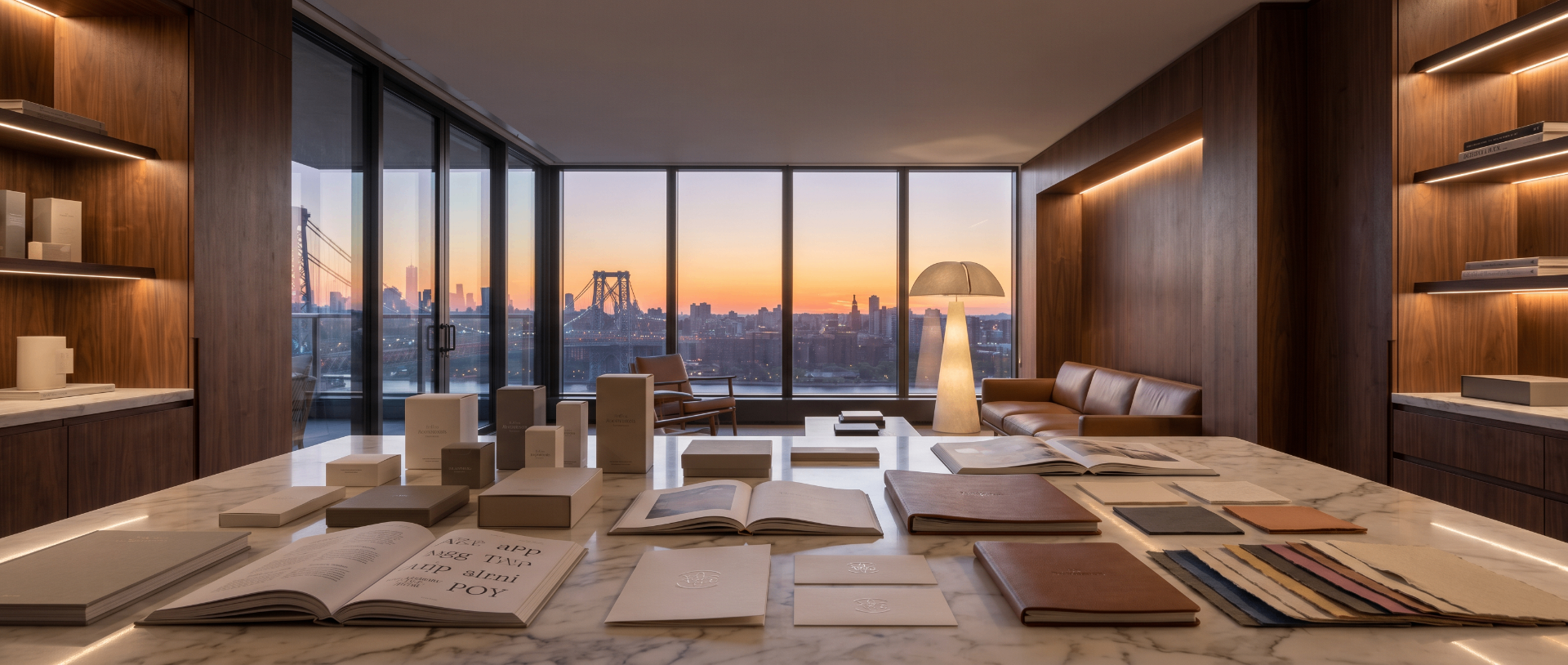 Penthouse library at sunset with curated brand collateral on marble