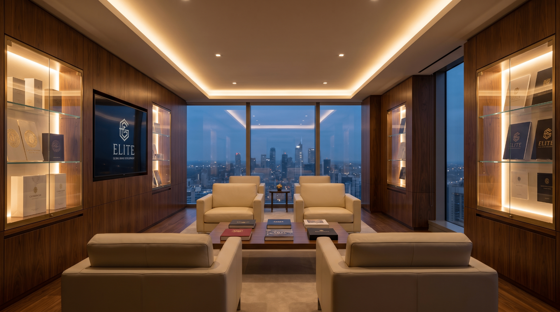 Executive brand showroom with illuminated display cases and city view