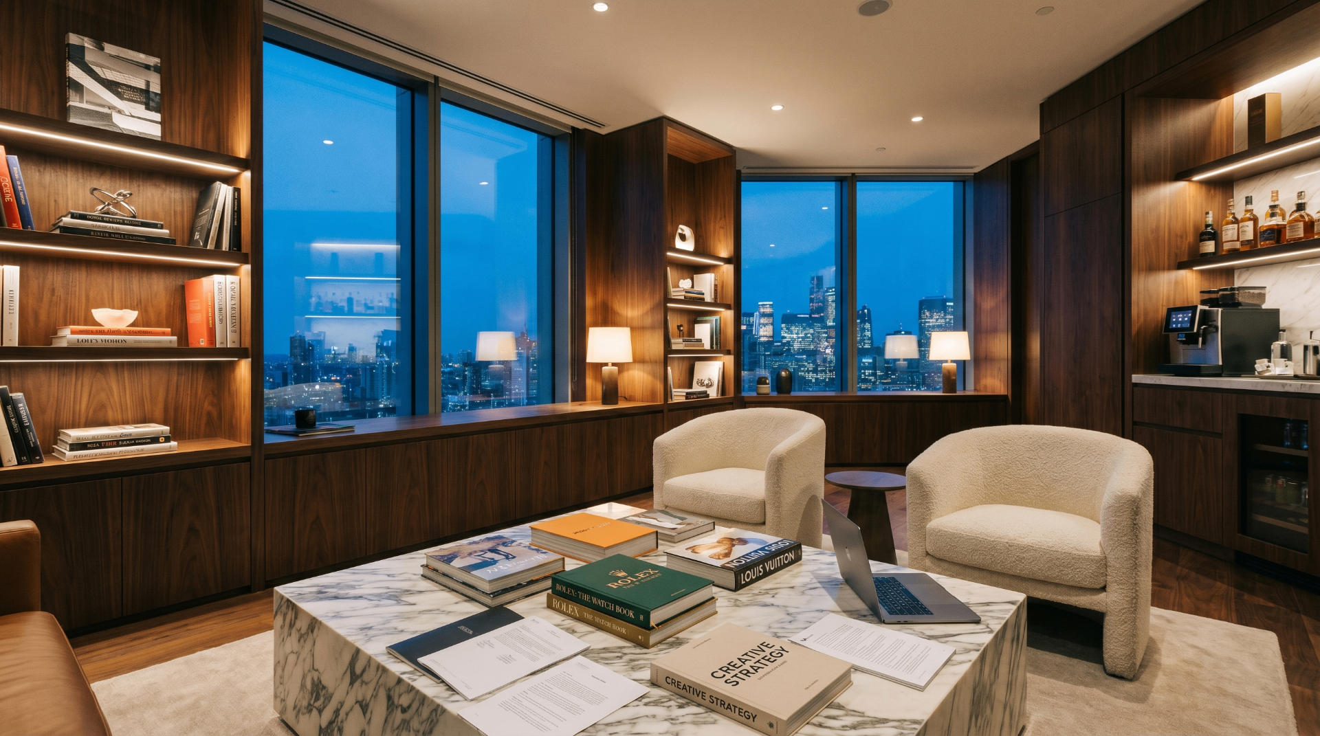 Walnut executive study at dusk with bouclé armchairs and curated library