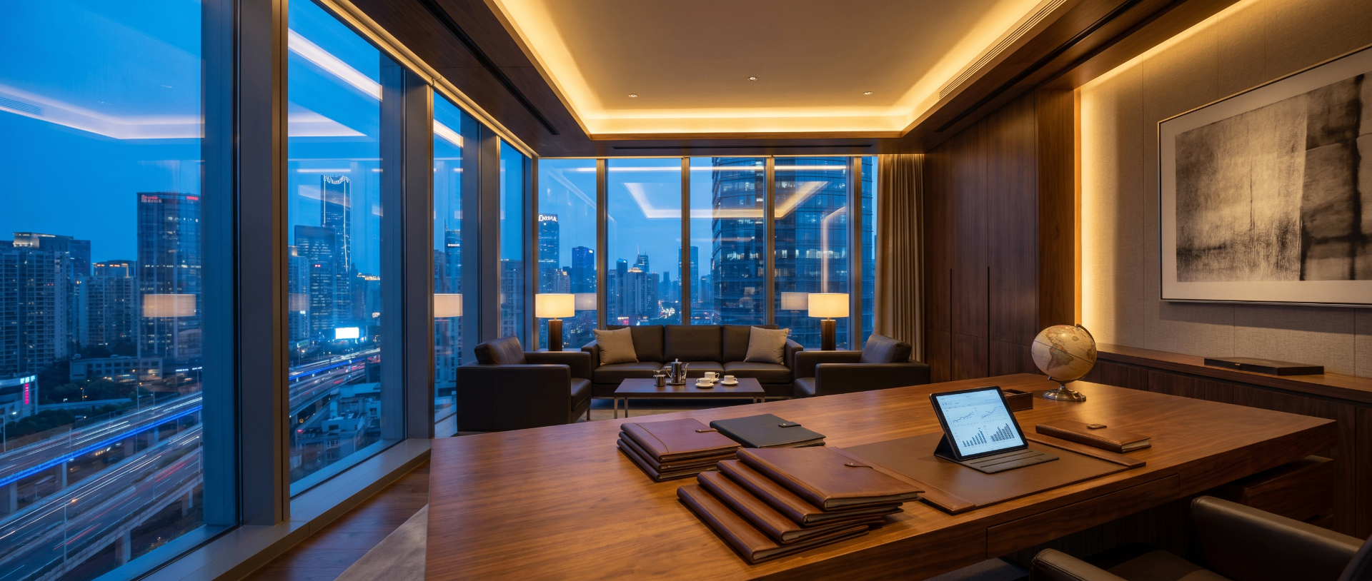 Walnut executive boardroom with city skyline at blue hour