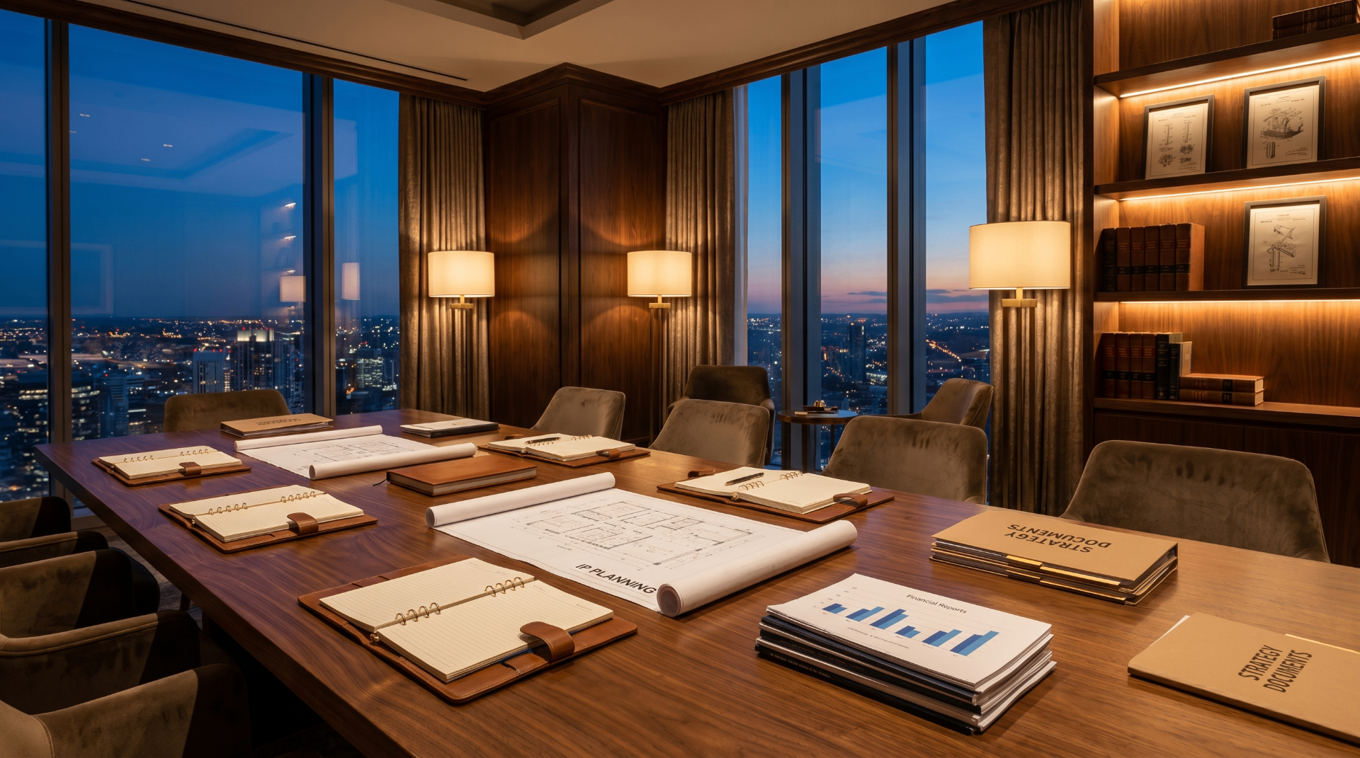 Walnut conference room with strategy documents and city view at dusk