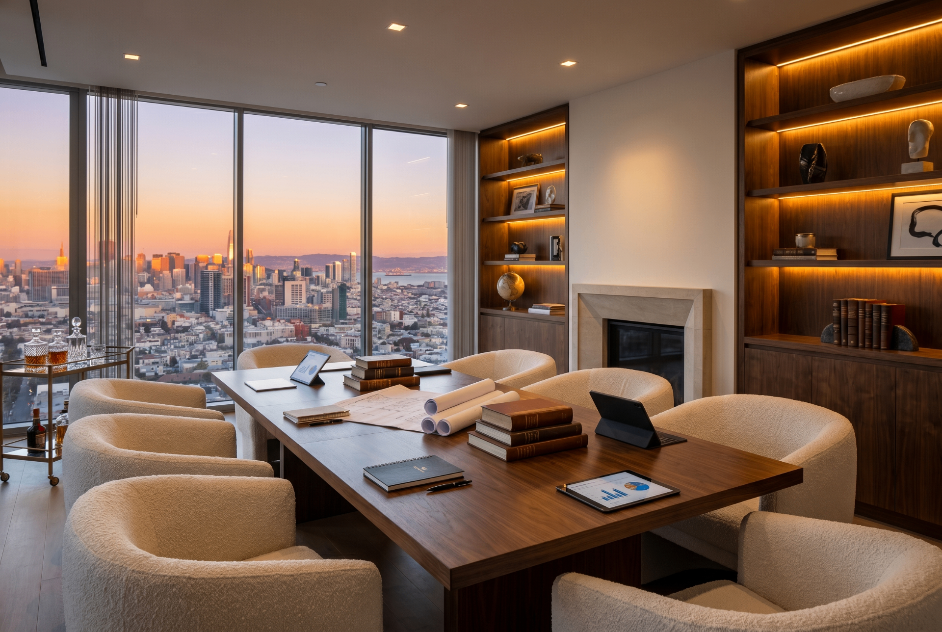Penthouse executive office with boucle armchairs and sunset skyline