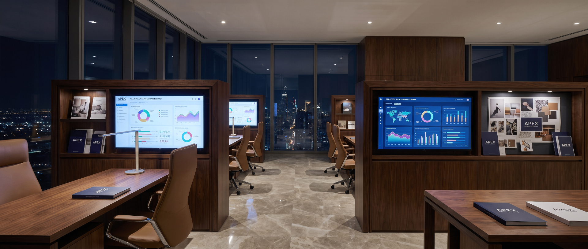 Luxury consulting office with dashboards and walnut shelving at night