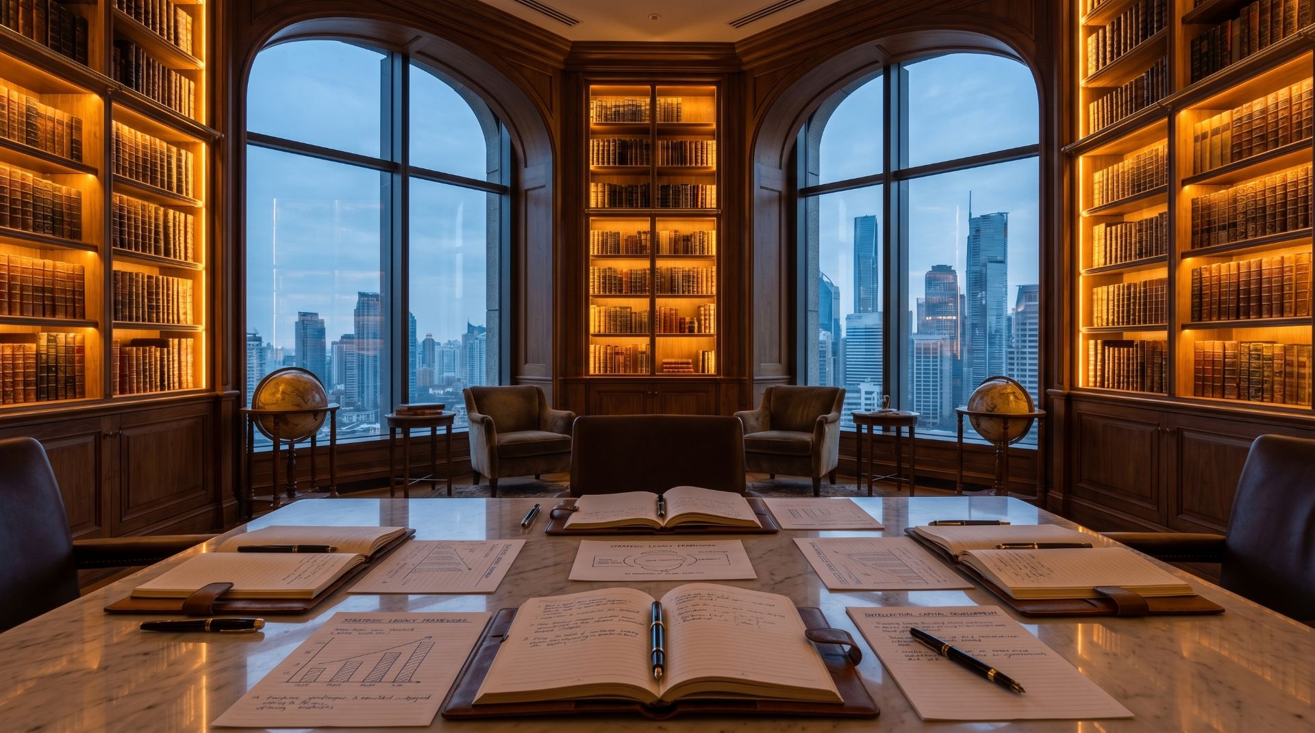 Wood-paneled executive library with city skyline beyond arched windows