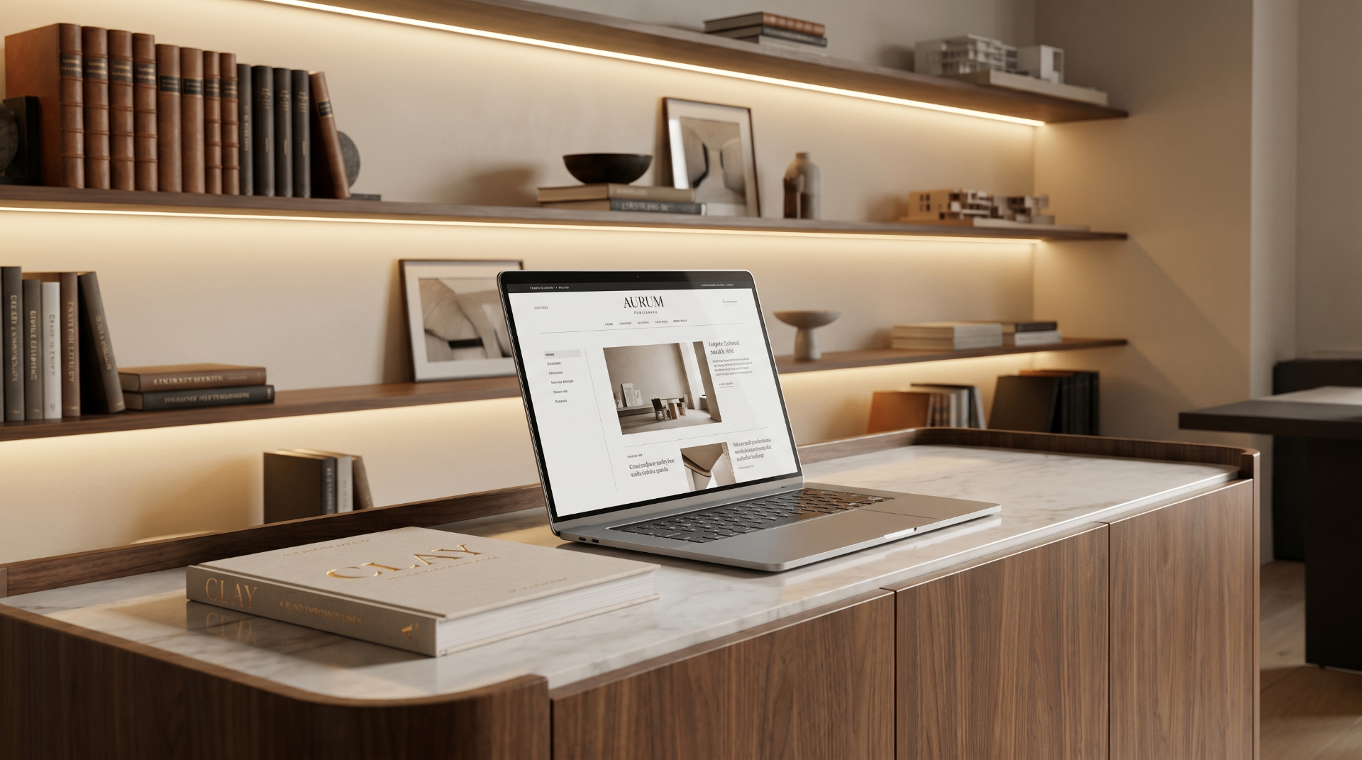 Editorial walnut study with a laptop displaying a refined influence infrastructure
