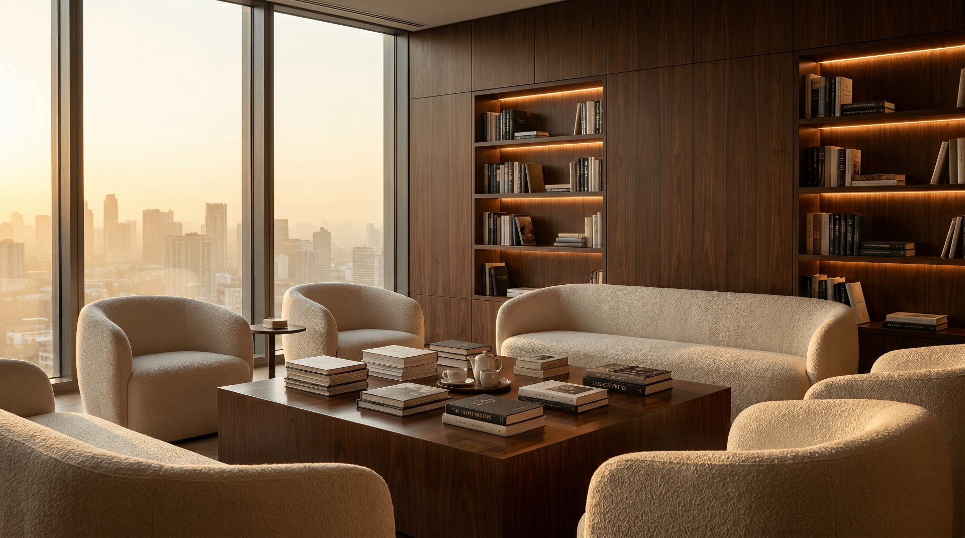 Walnut library lounge with boucle seating and city view at golden hour